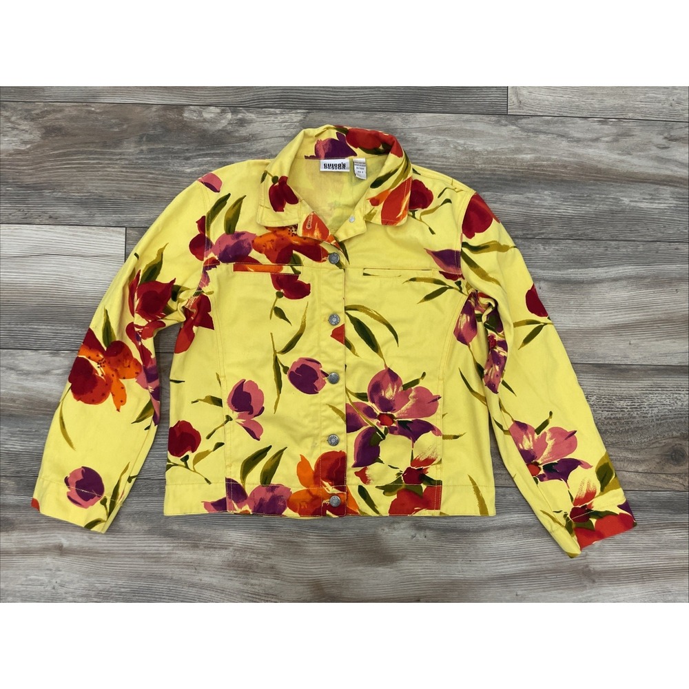 Chico's Design Yellow Floral Denim Jacket Beaded Vintage Size 0